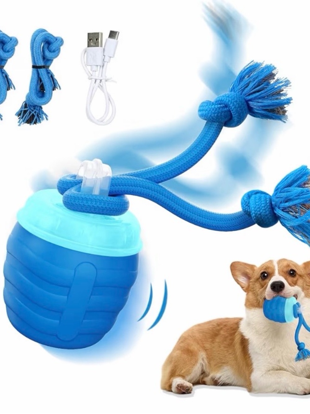 Blue Rechargeable LED Rope Chew Toy for Dogs - Interactive Tug & Fetch